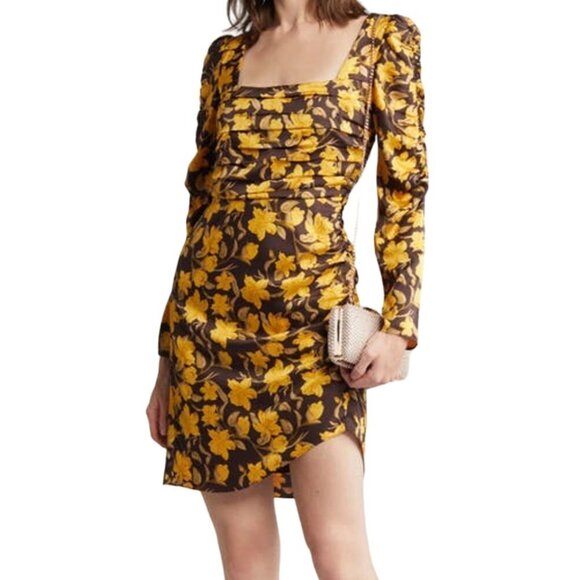 Floret Studios Floral Long Sleeve Ruched Square Neck Dress Yellow Brown XS NWOT - Picture 14 of 15